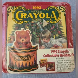 Crayola Vintage Tin & Bear Ornament & 64 Box of Crayons  Holiday 1992 Brand New